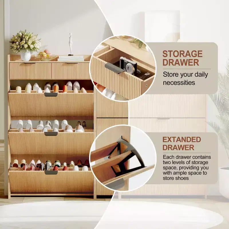 Modern Fluted Shoe Storage Cabinet 3 Flip Drawers + 2 Open Drawers, Slim Space-Saving Organizer for Entryway/Hallway (1-Piece)
