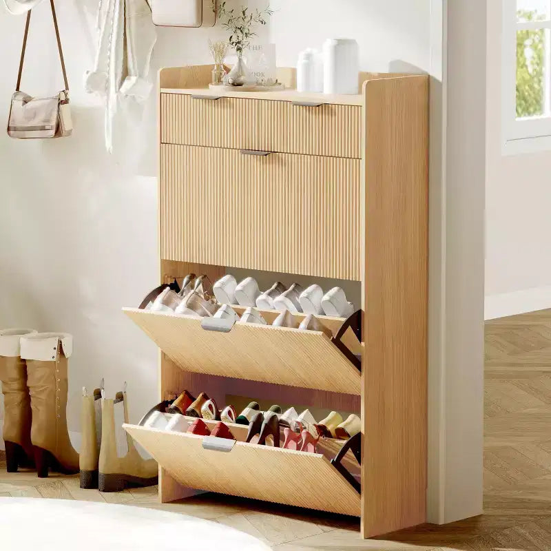 Modern Fluted Shoe Storage Cabinet 3 Flip Drawers + 2 Open Drawers, Slim Space-Saving Organizer for Entryway/Hallway (1-Piece)