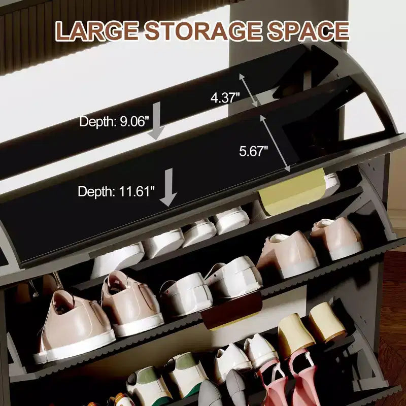 Modern Fluted Shoe Storage Cabinet 3 Flip Drawers + 2 Open Drawers, Slim Space-Saving Organizer for Entryway/Hallway (1-Piece)