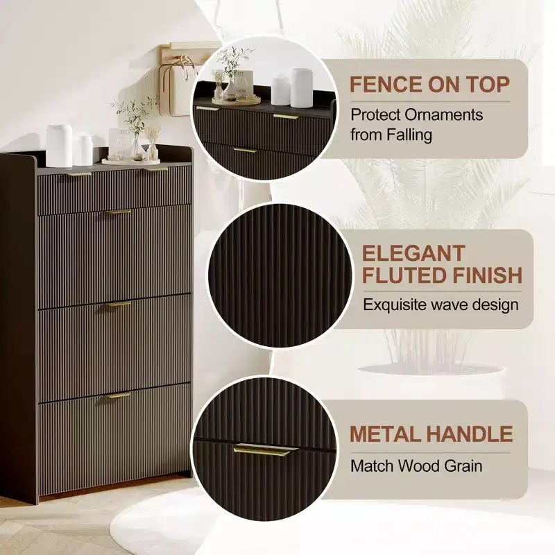 Modern Fluted Shoe Storage Cabinet 3 Flip Drawers + 2 Open Drawers, Slim Space-Saving Organizer for Entryway/Hallway (1-Piece)