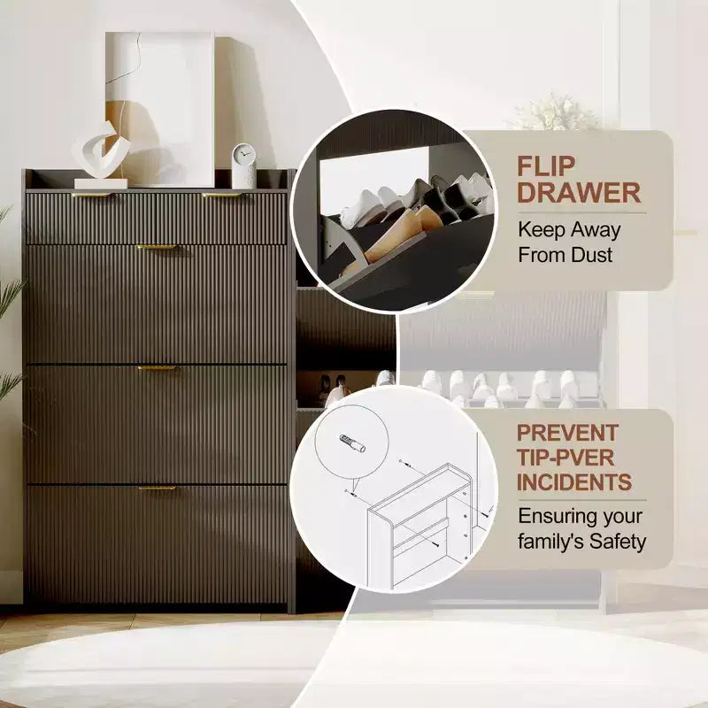 Modern Fluted Shoe Storage Cabinet 3 Flip Drawers + 2 Open Drawers, Slim Space-Saving Organizer for Entryway/Hallway (1-Piece)