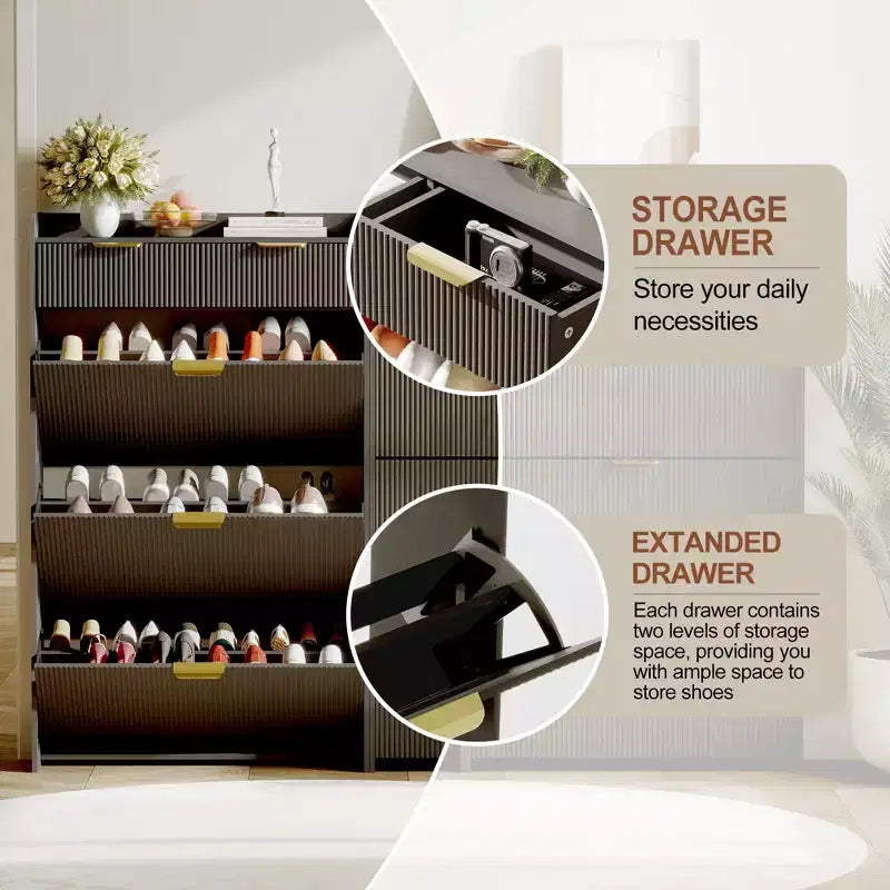 Modern Fluted Shoe Storage Cabinet 3 Flip Drawers + 2 Open Drawers, Slim Space-Saving Organizer for Entryway/Hallway (1-Piece)