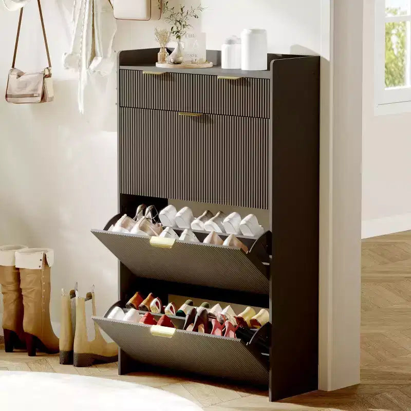 Modern Fluted Shoe Storage Cabinet 3 Flip Drawers + 2 Open Drawers, Slim Space-Saving Organizer for Entryway/Hallway (1-Piece)