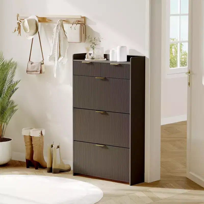 Modern Fluted Shoe Storage Cabinet 3 Flip Drawers + 2 Open Drawers, Slim Space-Saving Organizer for Entryway/Hallway (1-Piece)