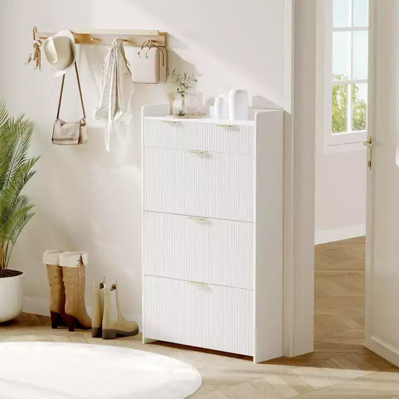 Modern Fluted Shoe Storage Cabinet 3 Flip Drawers + 2 Open Drawers, Slim Space-Saving Organizer for Entryway/Hallway (1-Piece)