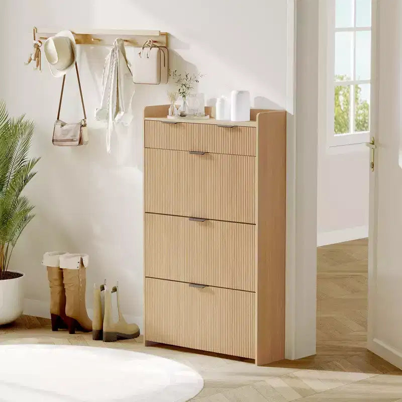 Modern Fluted Shoe Storage Cabinet 3 Flip Drawers + 2 Open Drawers, Slim Space-Saving Organizer for Entryway/Hallway (1-Piece)