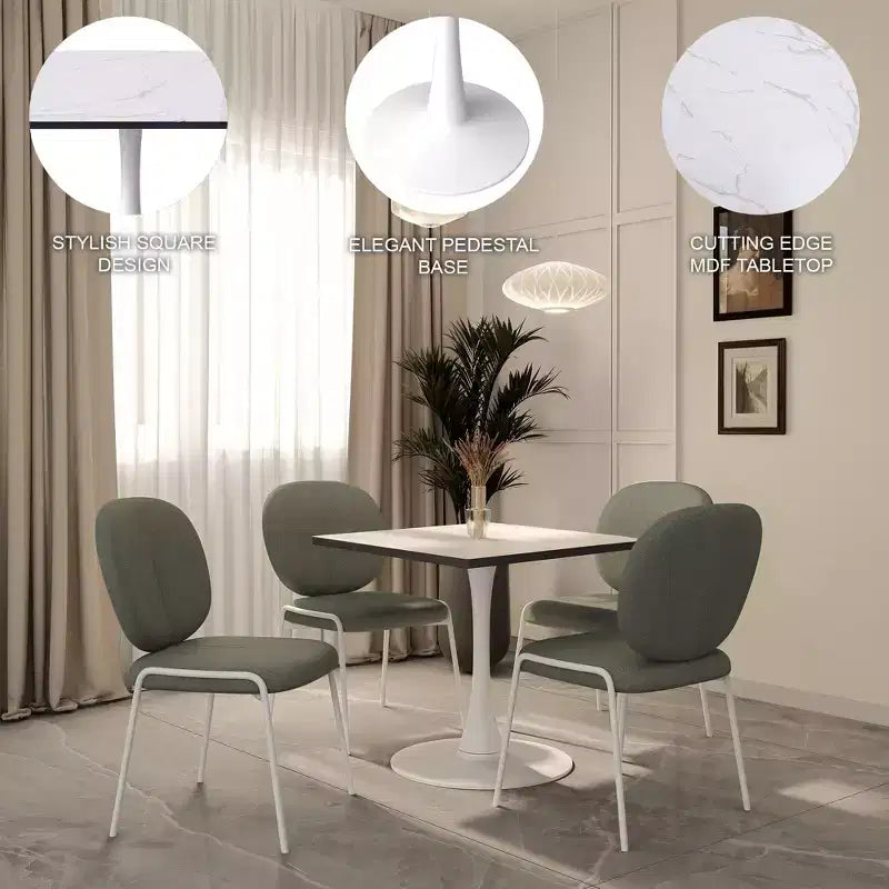 LeisureMod Bristol Square Dining Table with Marbled White MDF Top and White Steel Pedestal Base for Modern Kitchen and Dining Room