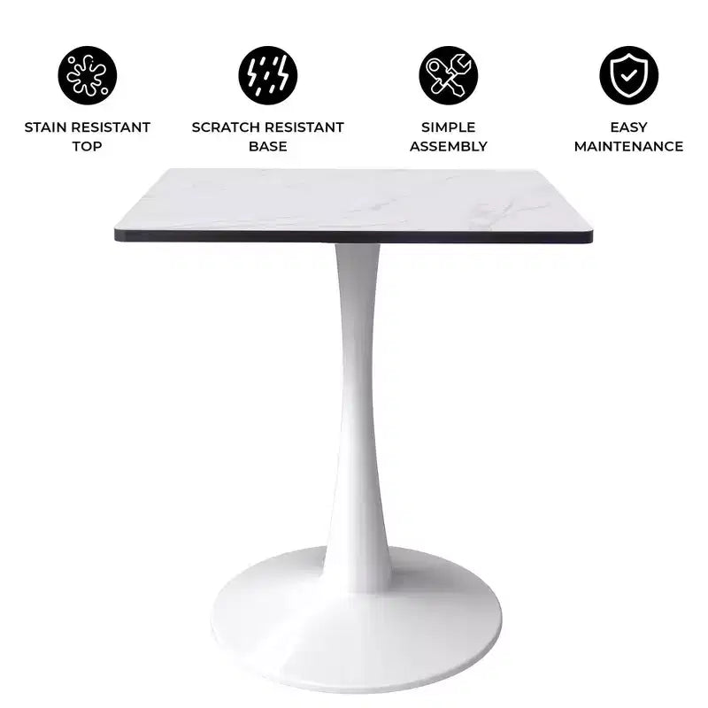 LeisureMod Bristol Square Dining Table with Marbled White MDF Top and White Steel Pedestal Base for Modern Kitchen and Dining Room