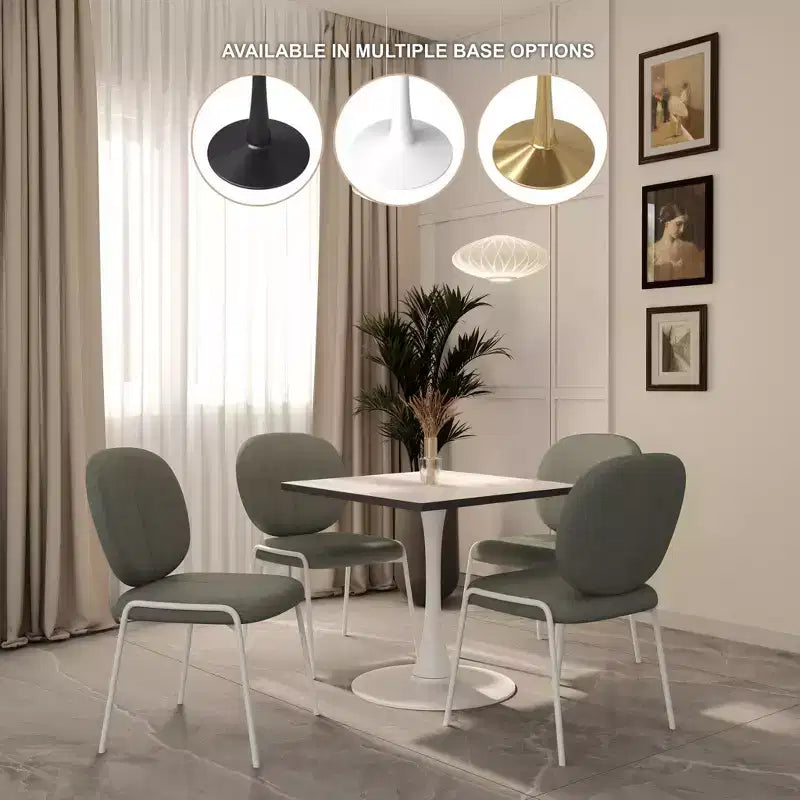 LeisureMod Bristol Square Dining Table with Marbled White MDF Top and White Steel Pedestal Base for Modern Kitchen and Dining Room