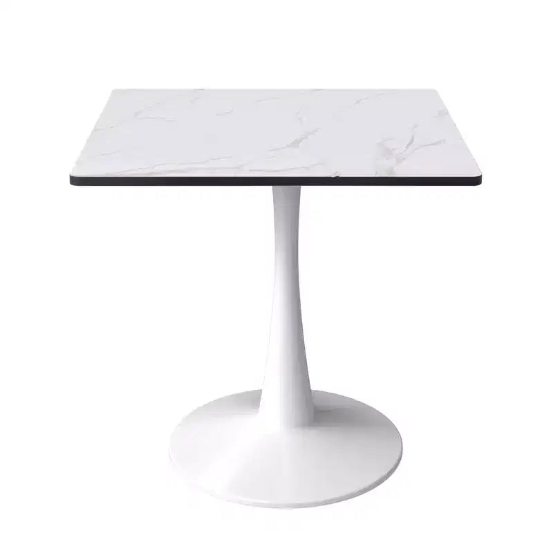 LeisureMod Bristol Square Dining Table with Marbled White MDF Top and White Steel Pedestal Base for Modern Kitchen and Dining Room