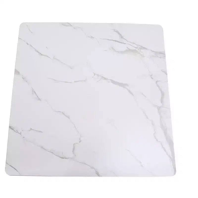 LeisureMod Bristol Square Dining Table with Marbled White MDF Top and White Steel Pedestal Base for Modern Kitchen and Dining Room