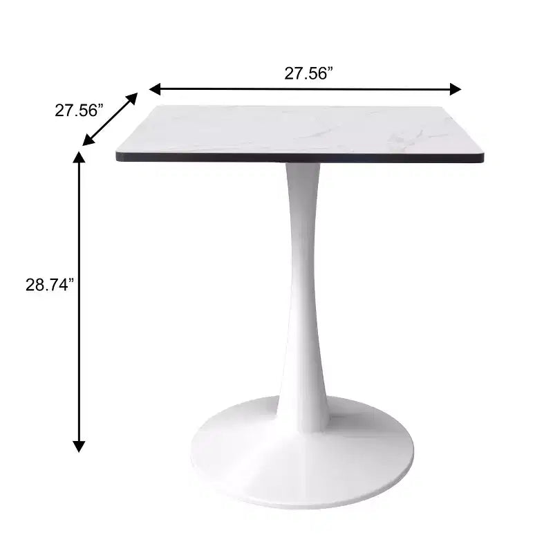 LeisureMod Bristol Square Dining Table with Marbled White MDF Top and White Steel Pedestal Base for Modern Kitchen and Dining Room