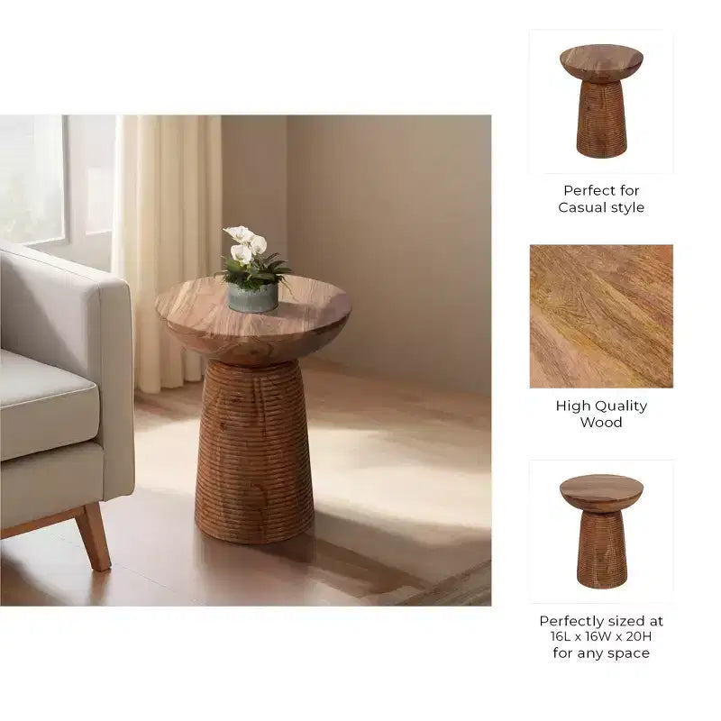Accent Table Wood Ribbed Base Casual Style for Living Room Bedroom Office - 20 Brown