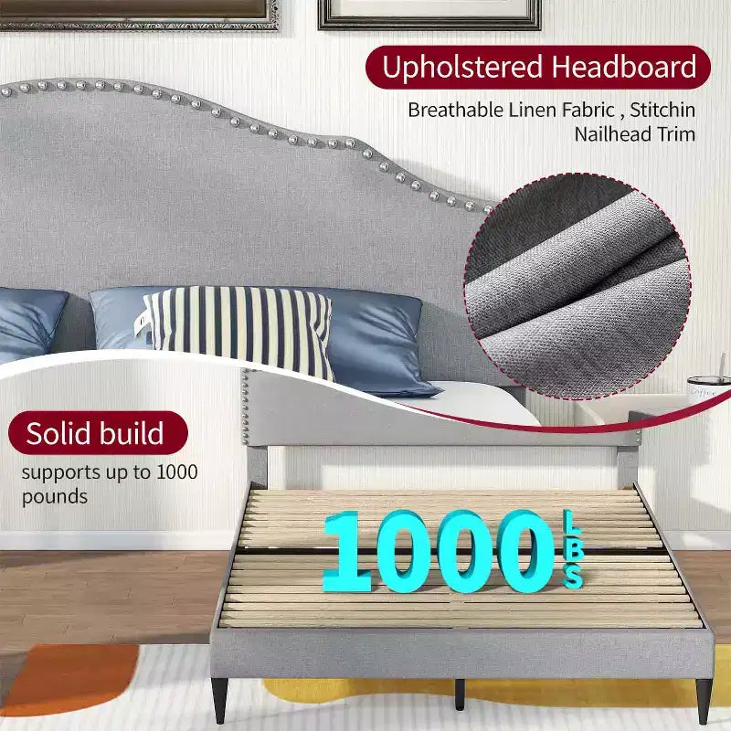 BestMassage Upholstered Platform Bed Frame with Headboard Fabric Mattress Foundation No Box Spring Needed(Grey, Queen)