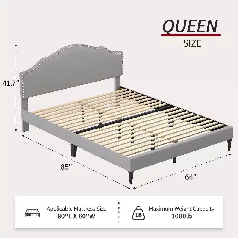 BestMassage Upholstered Platform Bed Frame with Headboard Fabric Mattress Foundation No Box Spring Needed(Grey, Queen)