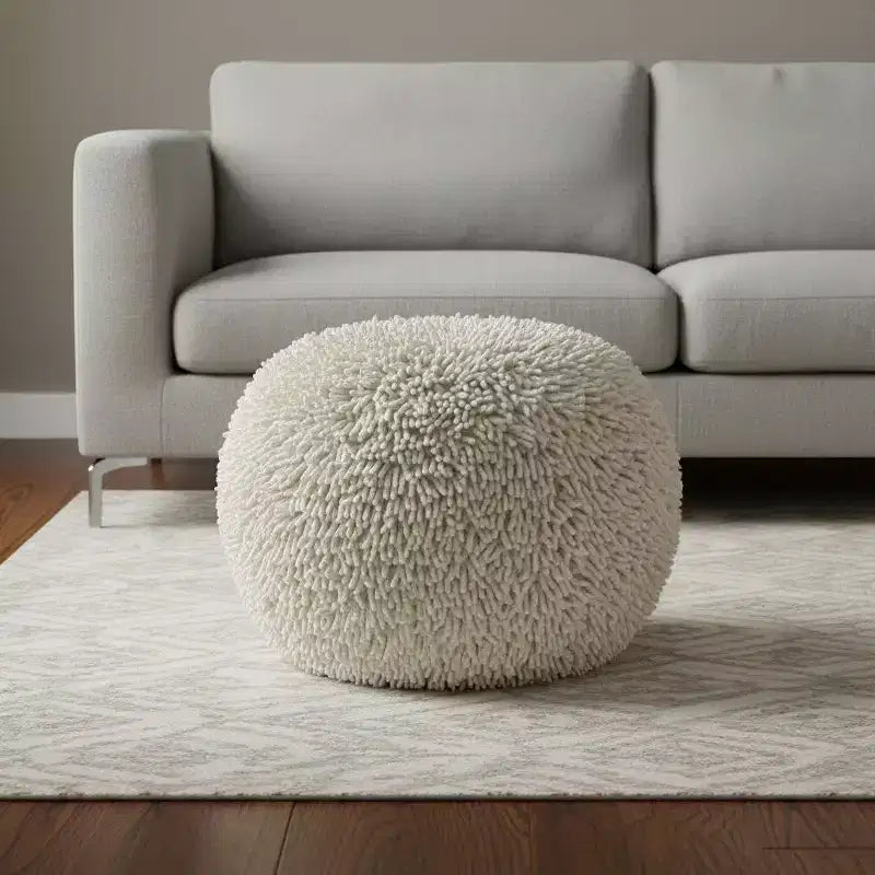 HomeRoots 20 Cream Cotton Tufted Round Geometric Pouf Ottoman