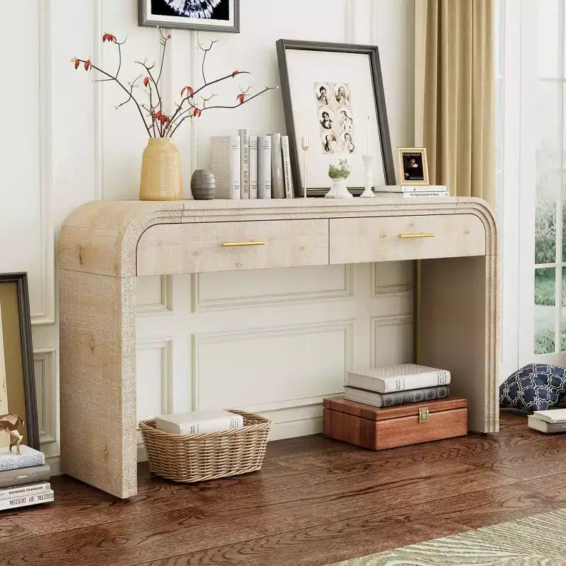 Okak Curved Console Table with Thick Tabletop, Entry Table with 2 Top Drawers and Metal Handle, Accent Table for Dining Room, Living Room