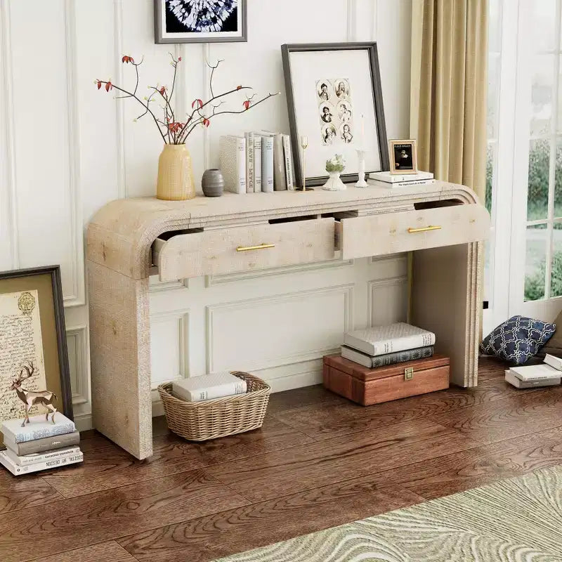 Okak Curved Console Table with Thick Tabletop, Entry Table with 2 Top Drawers and Metal Handle, Accent Table for Dining Room, Living Room