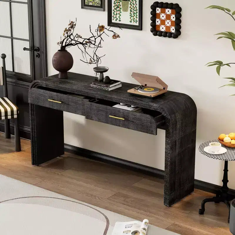 Okak Curved Console Table with Thick Tabletop, Entry Table with 2 Top Drawers and Metal Handle, Accent Table for Dining Room, Living Room