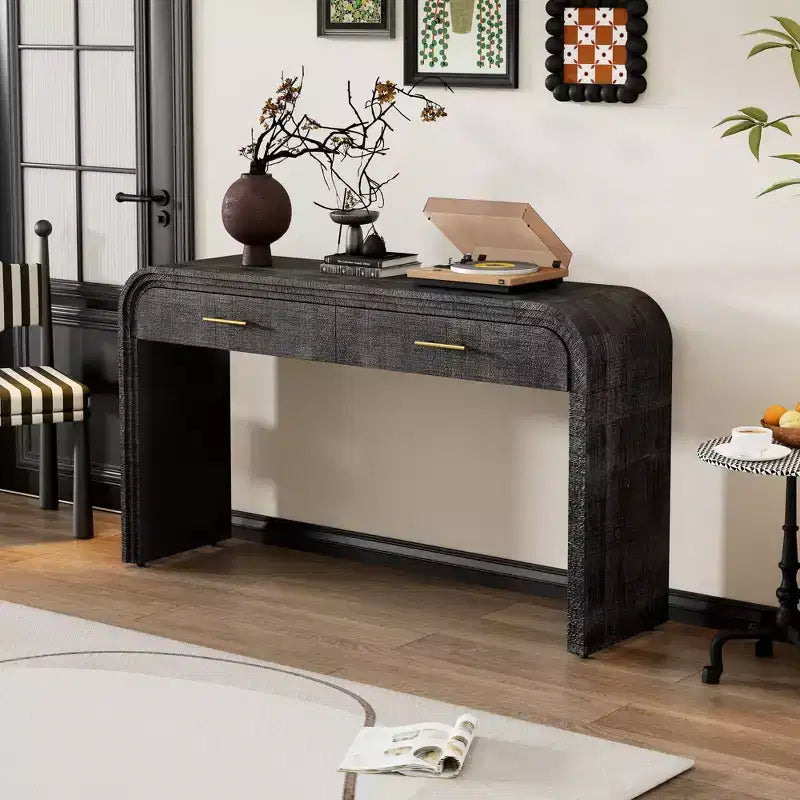 Okak Curved Console Table with Thick Tabletop, Entry Table with 2 Top Drawers and Metal Handle, Accent Table for Dining Room, Living Room