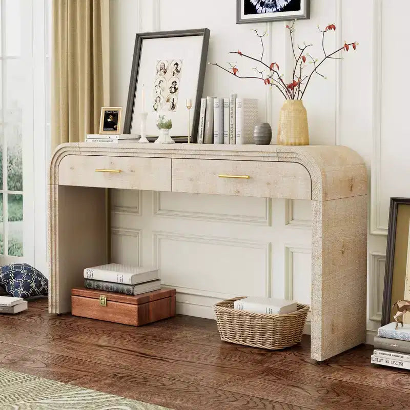 Okak Curved Console Table with Thick Tabletop, Entry Table with 2 Top Drawers and Metal Handle, Accent Table for Dining Room, Living Room
