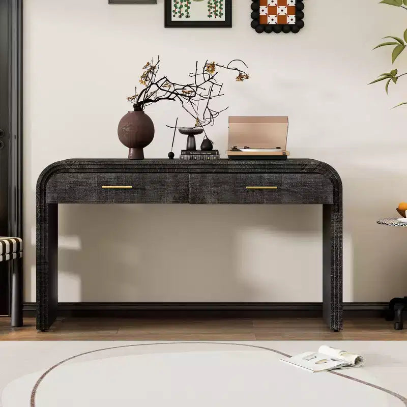 Okak Curved Console Table with Thick Tabletop, Entry Table with 2 Top Drawers and Metal Handle, Accent Table for Dining Room, Living Room