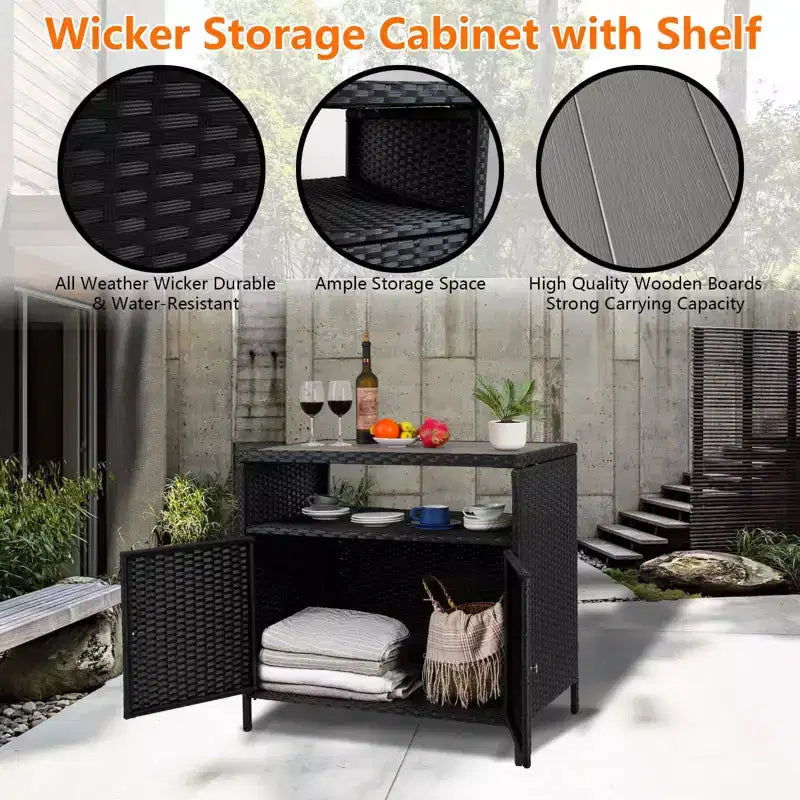 GustoWave Patio Wicker Storage Cabinet, Outdoor Waterproof Buffet Cabinet Patio Bar Table with Two Doors and Shelves, Wicker Sideboard