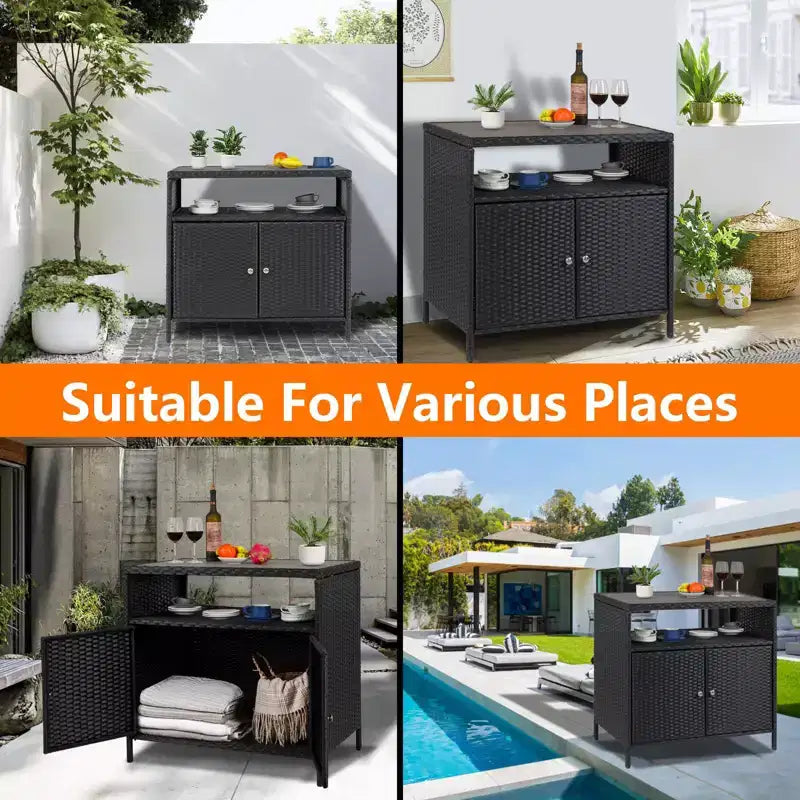GustoWave Patio Wicker Storage Cabinet, Outdoor Waterproof Buffet Cabinet Patio Bar Table with Two Doors and Shelves, Wicker Sideboard