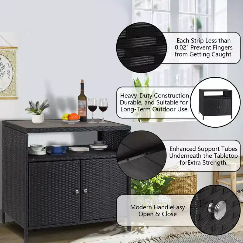GustoWave Patio Wicker Storage Cabinet, Outdoor Waterproof Buffet Cabinet Patio Bar Table with Two Doors and Shelves, Wicker Sideboard