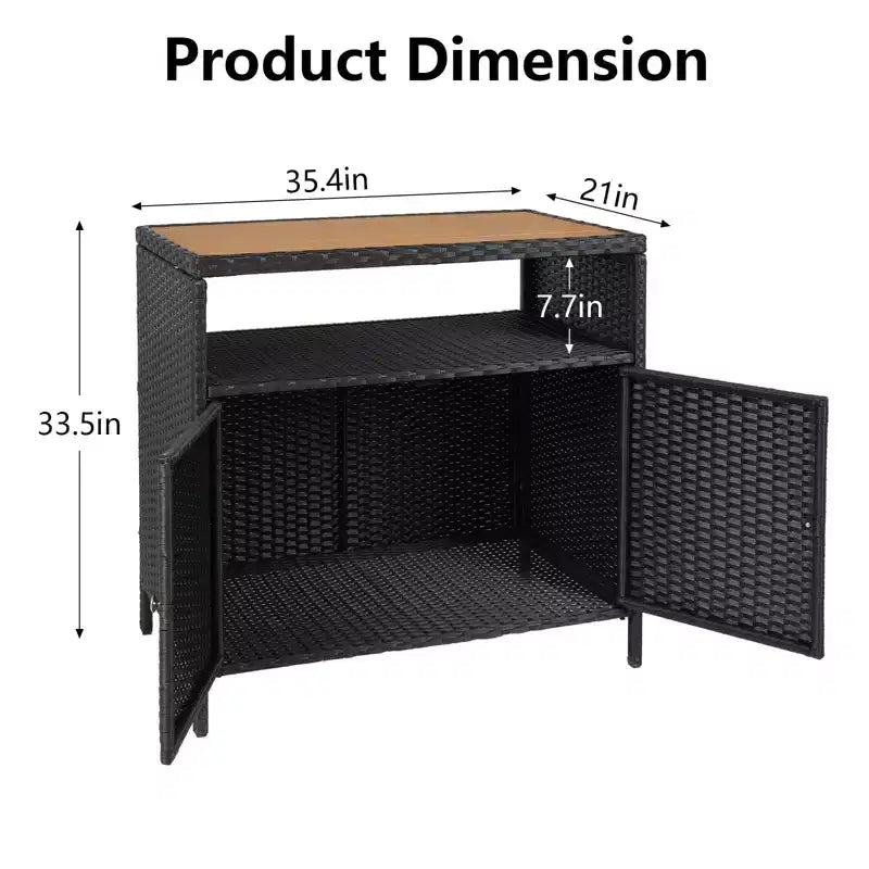 GustoWave Patio Wicker Storage Cabinet, Outdoor Waterproof Buffet Cabinet Patio Bar Table with Two Doors and Shelves, Wicker Sideboard