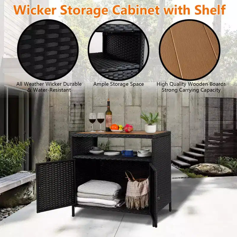 GustoWave Patio Wicker Storage Cabinet, Outdoor Waterproof Buffet Cabinet Patio Bar Table with Two Doors and Shelves, Wicker Sideboard
