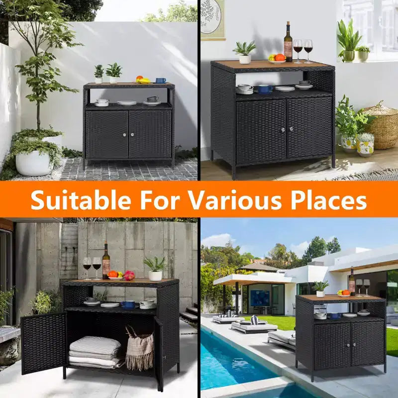 GustoWave Patio Wicker Storage Cabinet, Outdoor Waterproof Buffet Cabinet Patio Bar Table with Two Doors and Shelves, Wicker Sideboard