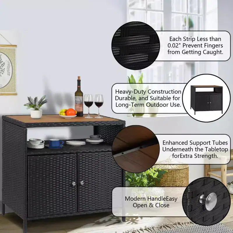 GustoWave Patio Wicker Storage Cabinet, Outdoor Waterproof Buffet Cabinet Patio Bar Table with Two Doors and Shelves, Wicker Sideboard