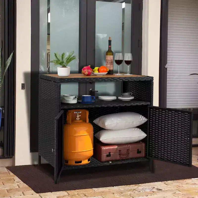 GustoWave Patio Wicker Storage Cabinet, Outdoor Waterproof Buffet Cabinet Patio Bar Table with Two Doors and Shelves, Wicker Sideboard
