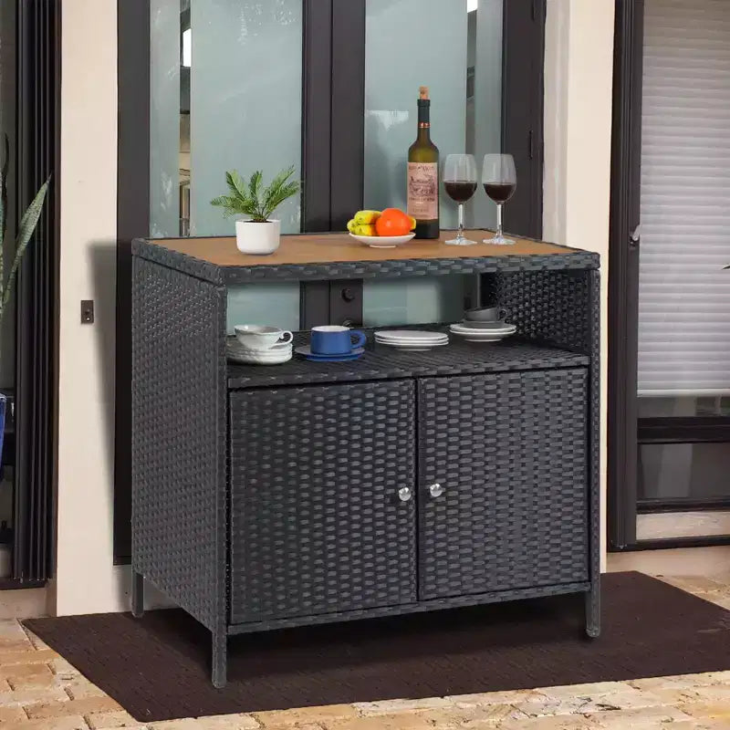GustoWave Patio Wicker Storage Cabinet, Outdoor Waterproof Buffet Cabinet Patio Bar Table with Two Doors and Shelves, Wicker Sideboard