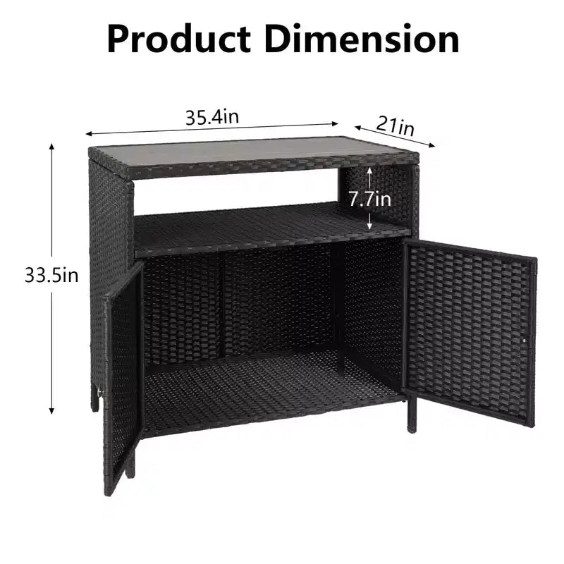 GustoWave Patio Wicker Storage Cabinet, Outdoor Waterproof Buffet Cabinet Patio Bar Table with Two Doors and Shelves, Wicker Sideboard