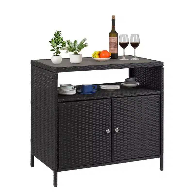 GustoWave Patio Wicker Storage Cabinet, Outdoor Waterproof Buffet Cabinet Patio Bar Table with Two Doors and Shelves, Wicker Sideboard