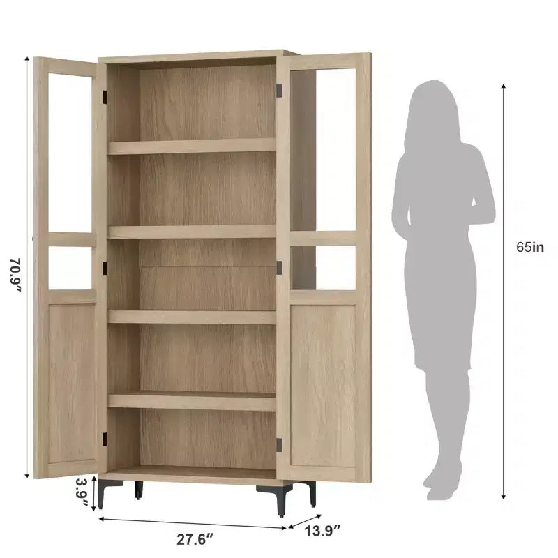 63 Inch Tall Storage Cabinet, 5 Tier Narrow Kitchen Pantry with Adjustable Shelves, Metal Legs, Farmhouse Bathroom Cabinet, Wooden Accent Cabinet