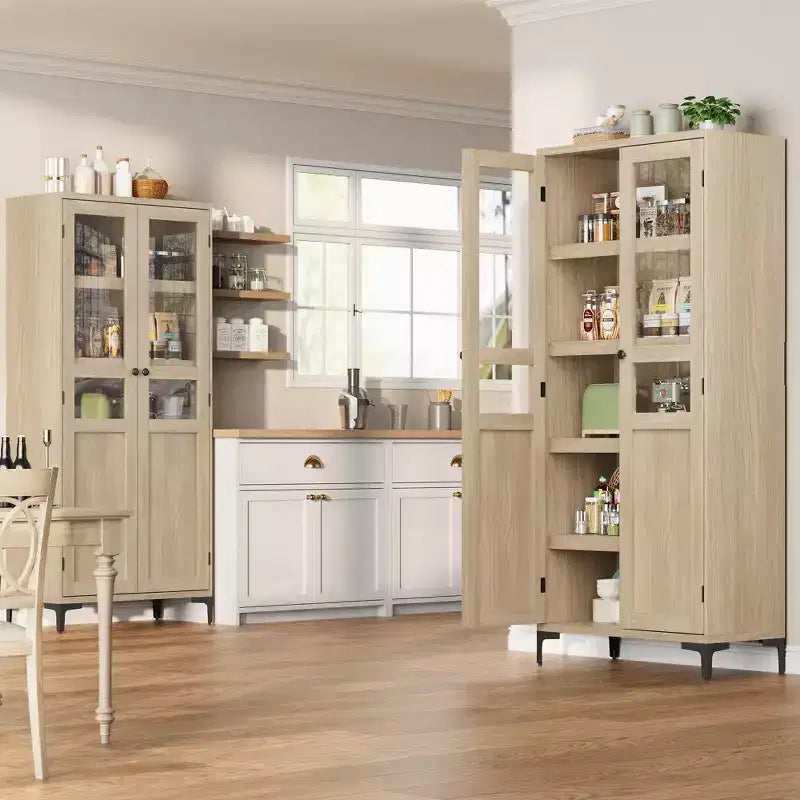63 Inch Tall Storage Cabinet, 5 Tier Narrow Kitchen Pantry with Adjustable Shelves, Metal Legs, Farmhouse Bathroom Cabinet, Wooden Accent Cabinet