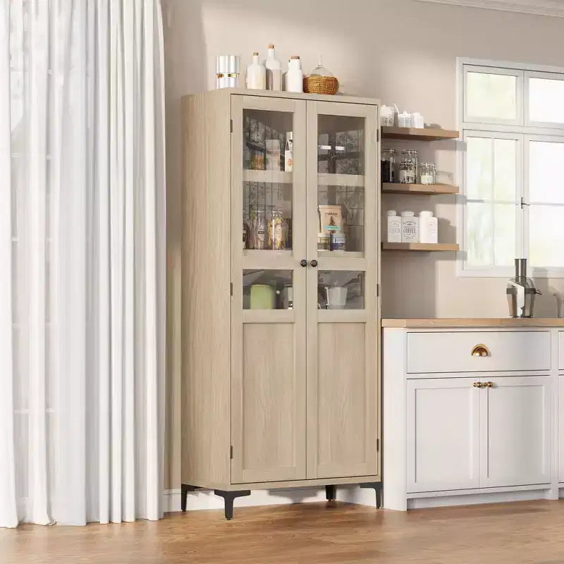 63 Inch Tall Storage Cabinet, 5 Tier Narrow Kitchen Pantry with Adjustable Shelves, Metal Legs, Farmhouse Bathroom Cabinet, Wooden Accent Cabinet