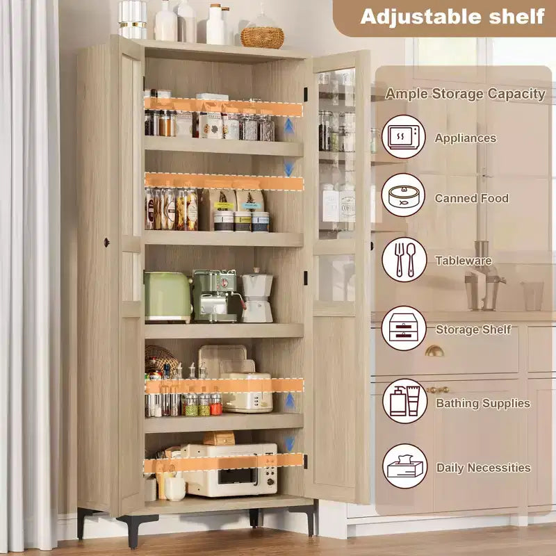 63 Inch Tall Storage Cabinet, 5 Tier Narrow Kitchen Pantry with Adjustable Shelves, Metal Legs, Farmhouse Bathroom Cabinet, Wooden Accent Cabinet