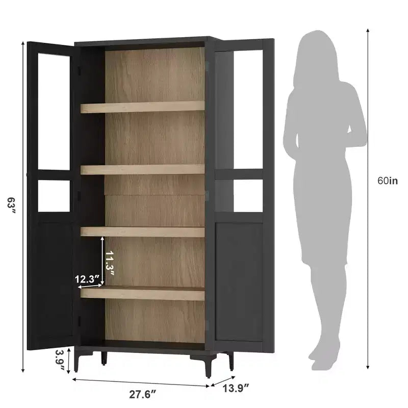 63 Inch Tall Storage Cabinet, 5 Tier Narrow Kitchen Pantry with Adjustable Shelves, Metal Legs, Farmhouse Bathroom Cabinet, Wooden Accent Cabinet