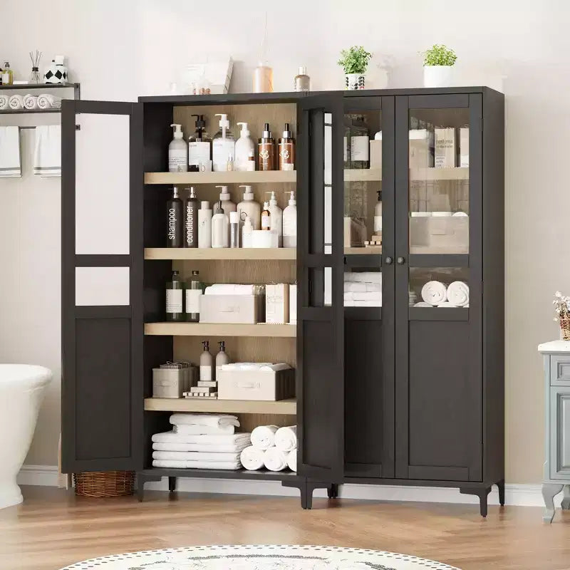 63 Inch Tall Storage Cabinet, 5 Tier Narrow Kitchen Pantry with Adjustable Shelves, Metal Legs, Farmhouse Bathroom Cabinet, Wooden Accent Cabinet