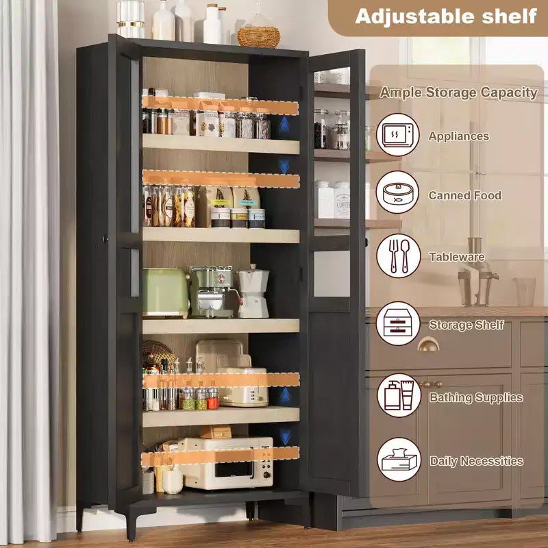 63 Inch Tall Storage Cabinet, 5 Tier Narrow Kitchen Pantry with Adjustable Shelves, Metal Legs, Farmhouse Bathroom Cabinet, Wooden Accent Cabinet