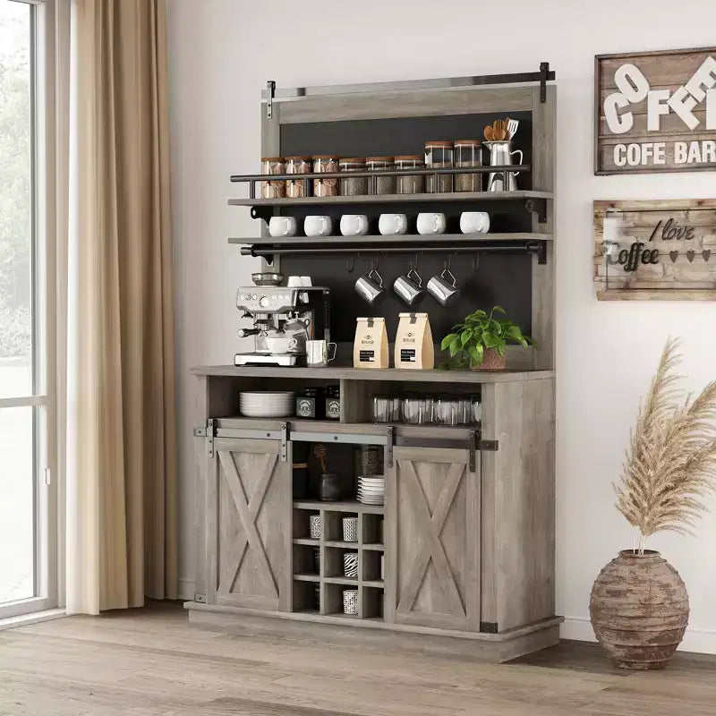Bar Cabinet with storage space ,Tall Coffee Hutch,Large Kitchens Coffee Bar Cabinet Cupboard with Sliding Door