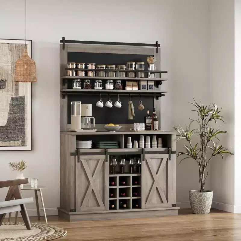 Bar Cabinet with storage space ,Tall Coffee Hutch,Large Kitchens Coffee Bar Cabinet Cupboard with Sliding Door