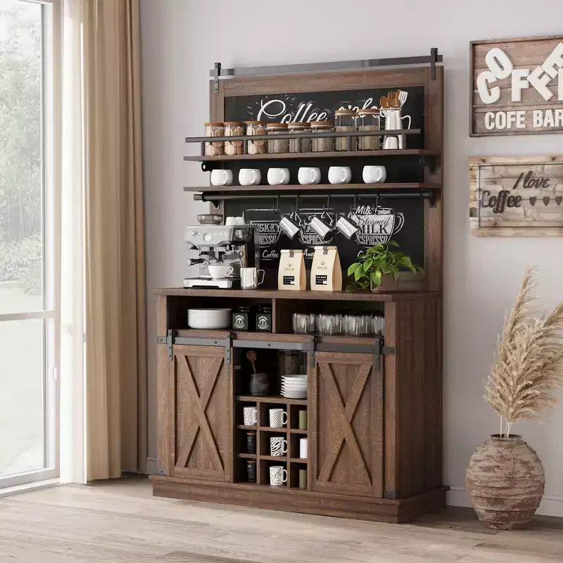 Bar Cabinet with storage space ,Tall Coffee Hutch,Large Kitchens Coffee Bar Cabinet Cupboard with Sliding Door