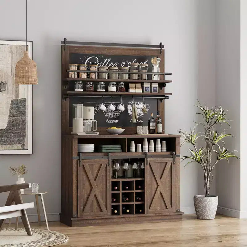 Bar Cabinet with storage space ,Tall Coffee Hutch,Large Kitchens Coffee Bar Cabinet Cupboard with Sliding Door