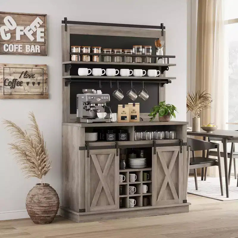 Bar Cabinet with storage space ,Tall Coffee Hutch,Large Kitchens Coffee Bar Cabinet Cupboard with Sliding Door
