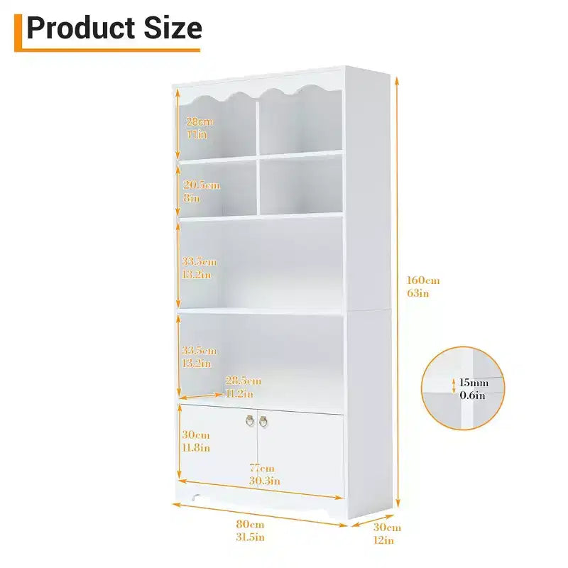 5 Tier Bookcase with Doors, 63 in Tall Modern White Bookshelf with Cabinets, Wood Book Shelf Display Cabinet for Bedroom, Living Room, Office